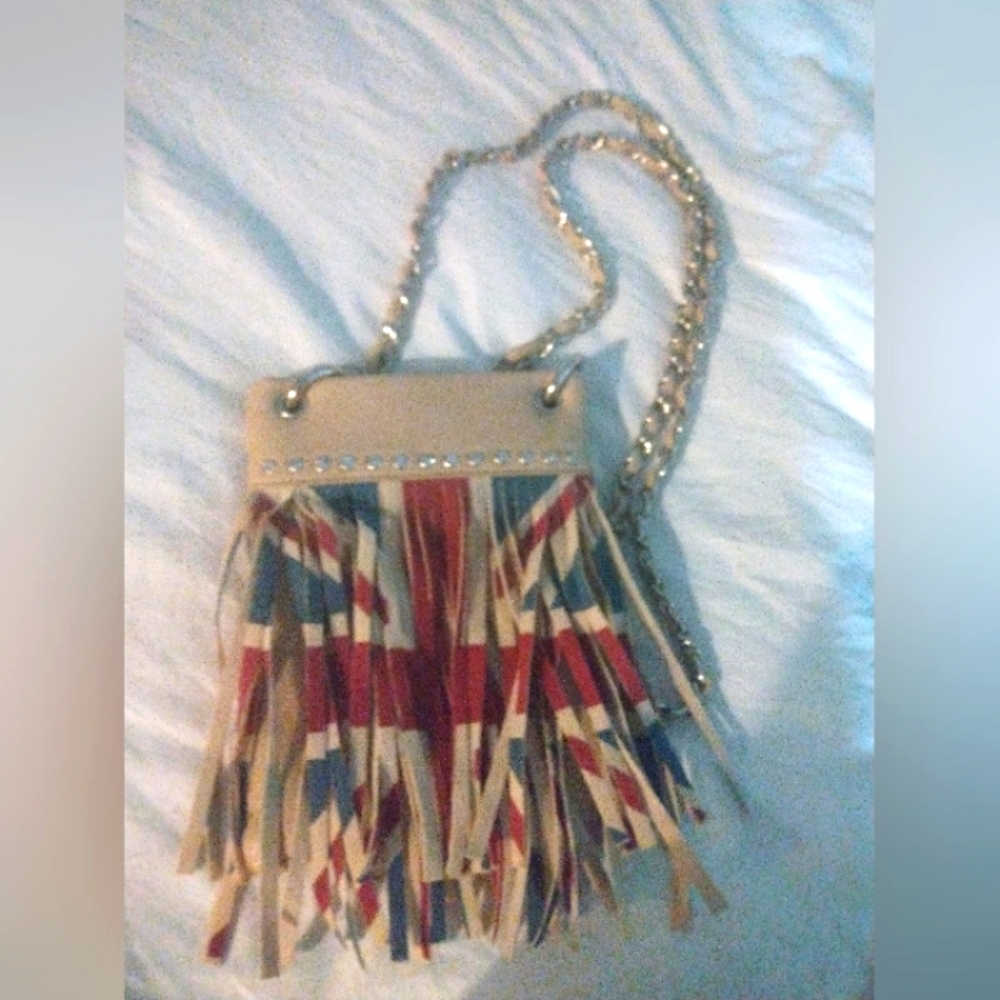 British Flag Fringed Leather Crossbody bag 4" x .5" x 6"